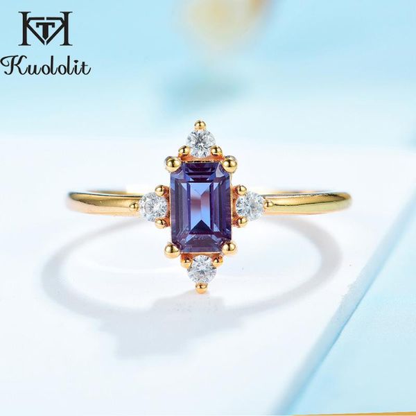 

cluster rings kuololit 585 yellow gold 14k 10k lab alexandrite luxury ring for women solid 925 sterling silver moissanite promise, Golden;silver
