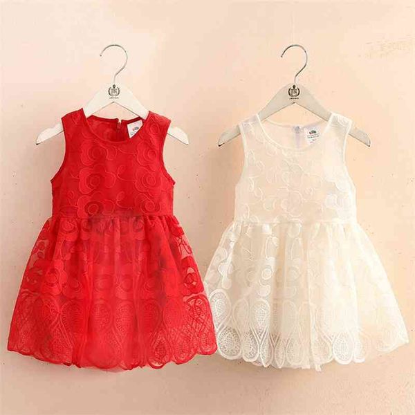 Hot Summer 2-10 anni Bambino Bianco Rosso Bambini Ricamo Geometrico Tank Sundress Little Baby Girl Summer Abito senza maniche in pizzo 210414