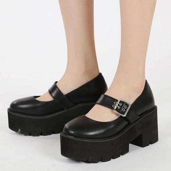 

dress shoes 2021 leather sweet women platform mary jane solid color thick bottom females pumps wedges buckle chunky for ladies, Black