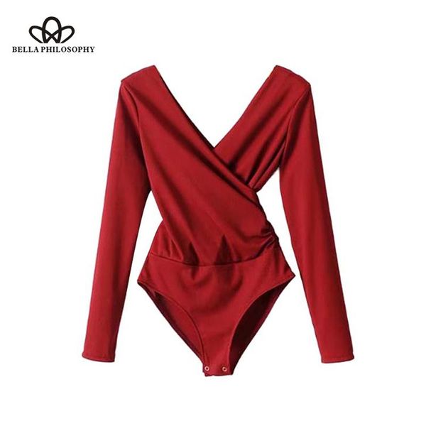 

women's jumpsuits & rompers heydress women cross v neck knitted bodysuits elastic waist long sleeve stretchy playsuits solid female fas, Black;white