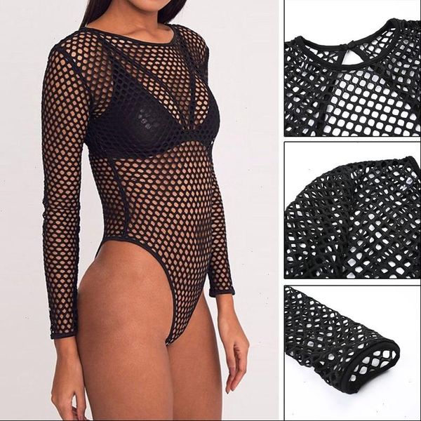 

women jumpsuits fishnet mesh hollow out bodysuit stretch jumpsuit romper long sleeve leotard drop, Black;white