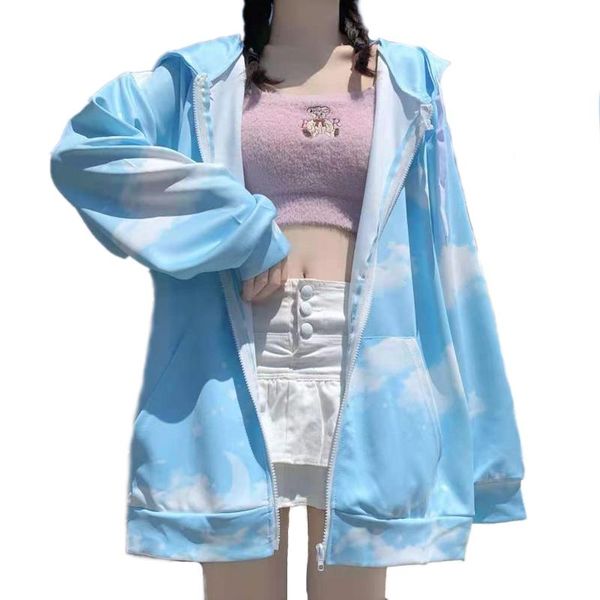 

women's hoodies & sweatshirts autumn jk style female casual zip-up sky clouds full print hooded sweatshirt teenager girl kangaroo plus, Black