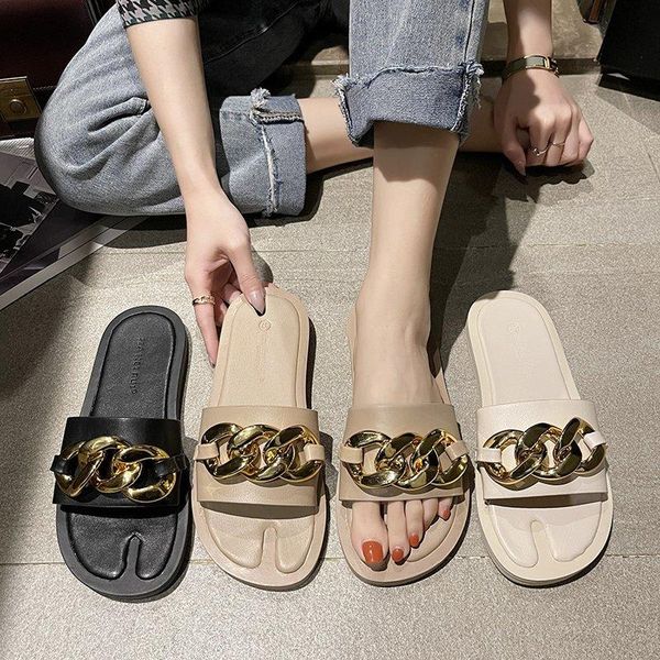 

slippers women fashion chain decoration split toe design round head flat sandals summer solid color platform casual woman shoes, Black