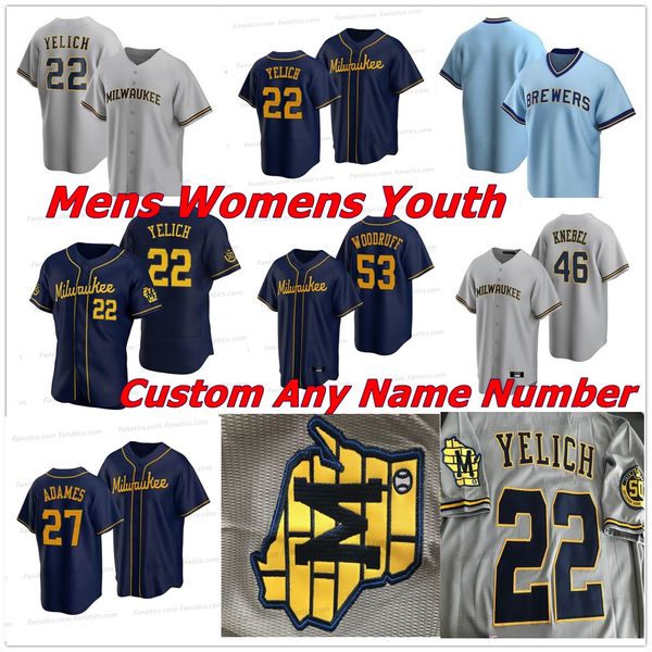 

custom 2021 milwaukee men women youth jersey 27 adames 22 christian yelich 8 ryan braun 12 justin smoak lorenzo robin eric yardley brewers b, Blue;black