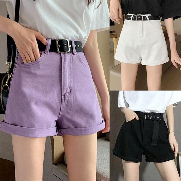 

casual shorts high waist womens jumpsuits denim with pocket wide leg femme belt, Black;white