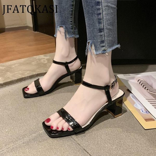 

women sandals summer thick high heels ankle strap woman party shoes brand fashion colourful pu leather square head, Black