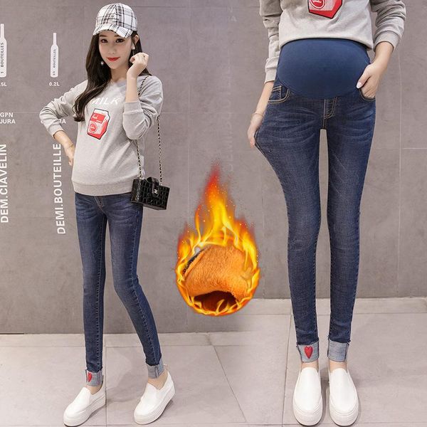 

pregnant women's pants winter thick plus velvet jeans autumn outer wear fashion trousers leggings fall and clothes warm-k maternity bot, White