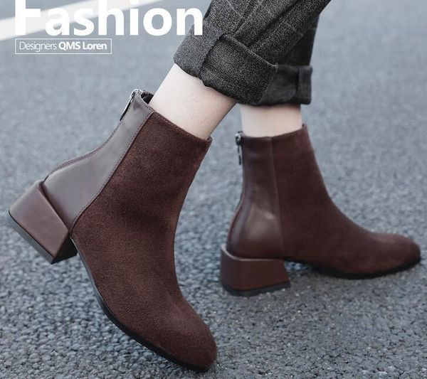 

boots 2021 round head women's sleeve wear-resistant middle heel shoes, Black