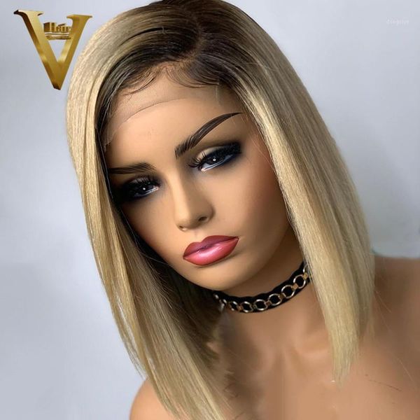 

ombre blonde lace front wig brazilian remy hair 613 bob 13x6 transparent human wigs for women 150 density1, Black;brown