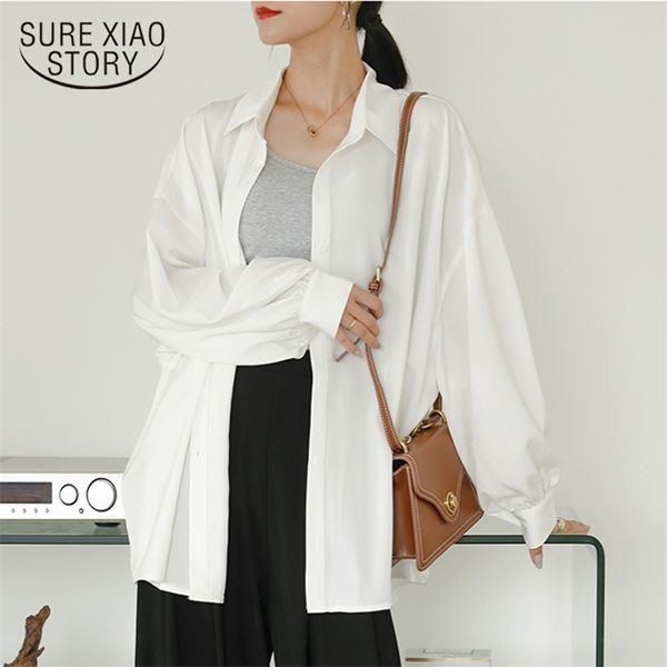 

autumn korean loose oversized shirt satin long sleeve plus size white blouse women casual cardigan womans 11340 210415