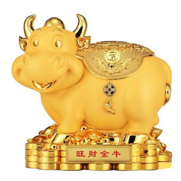 

desk & table clocks chinese fengshui golden ox statue year creative gift home decoration accessories piggy bank resin decor