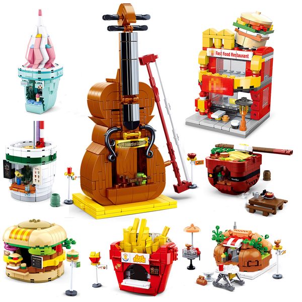 

city street view shop market model building blocks sets hamburger restaurant retail store creator mini architecture friends girl