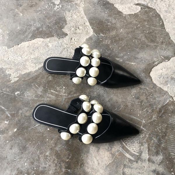

slippers big pearl low heel slides women beading ruffles narrow band mules woman pointed toe rivets femme flip flops bow, Black