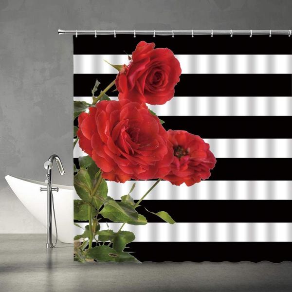 

red rose shower curtain black and white striped flower green leaves romantic floral plant creative fabric curtains