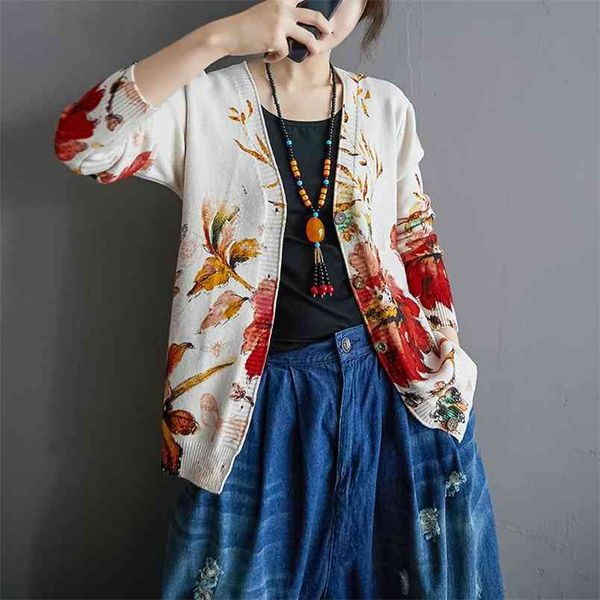 

knitted cardigan jacket women's printed v-neck sweater spring and autumn style art retro fashion 210427, White;black