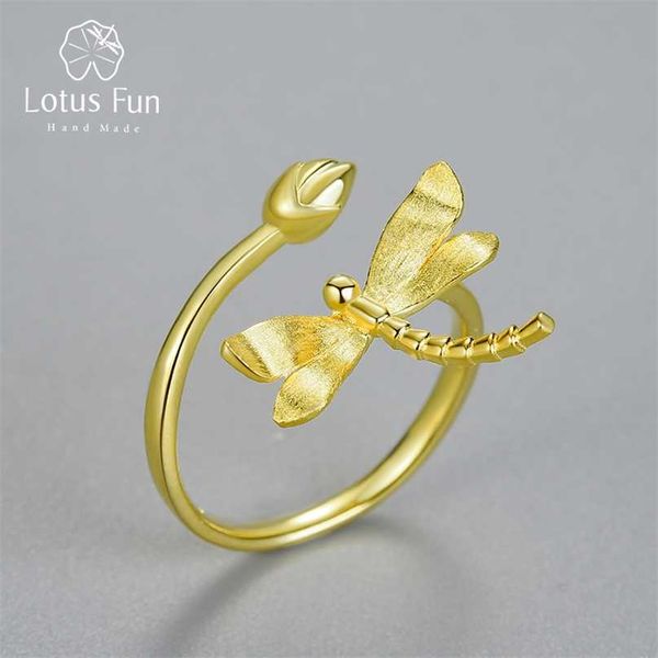 

lotus fun luxury 925 sterling silver 18k gold unusual dragonfly bud adjustable rings for women original jewelry trend 211217, Slivery;golden