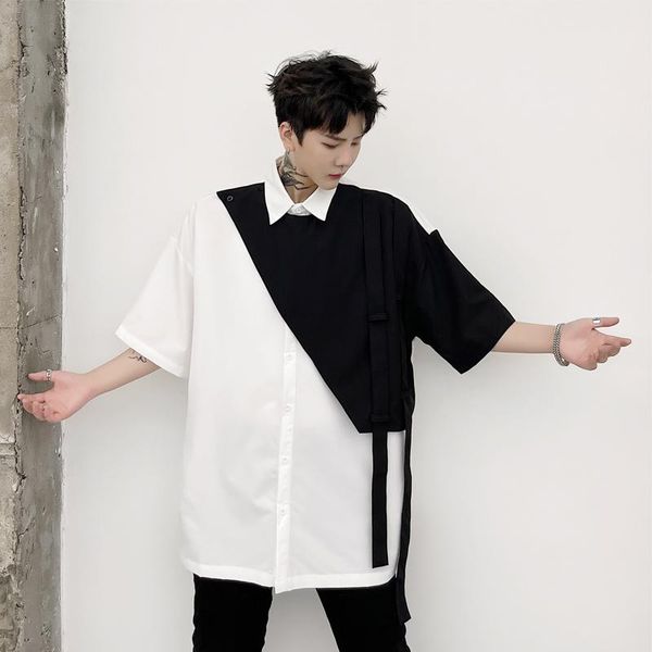 

men's casual shirts summer dress fashion contrast men korean loose short-sleeved mens oversize white -xl, White;black