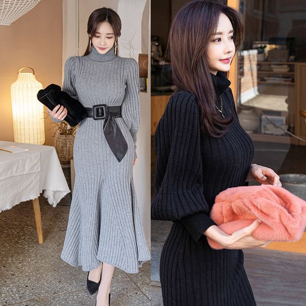 

winter vintage elegant turtleneck female thicken knit slim lantern sleeve mermaid women sweater dresses without belt 210514, Black;gray