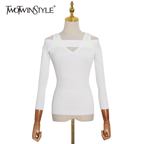 

off shoulder sweater for women square collar long sleeve hollow out slim knitted female fall fashion 210524, White;black
