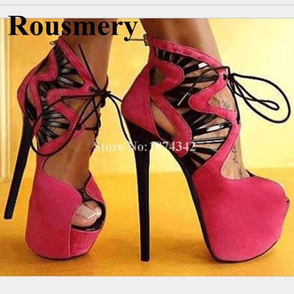 

sandals summer fashion flock super high heel peep toe platform cover lace up fretwork five colors women normal size, Black