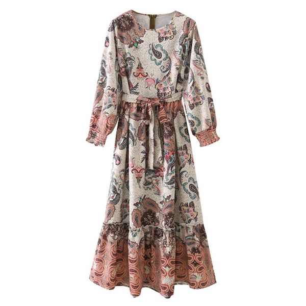 

casual dresses yenkye autumn women vintage cashew flowers long dress female o neck with belt a-line ladies vestido, Black;gray