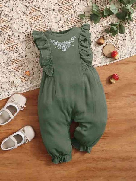 

baby floral embroidery ruffle trim jumpsuit she, Blue