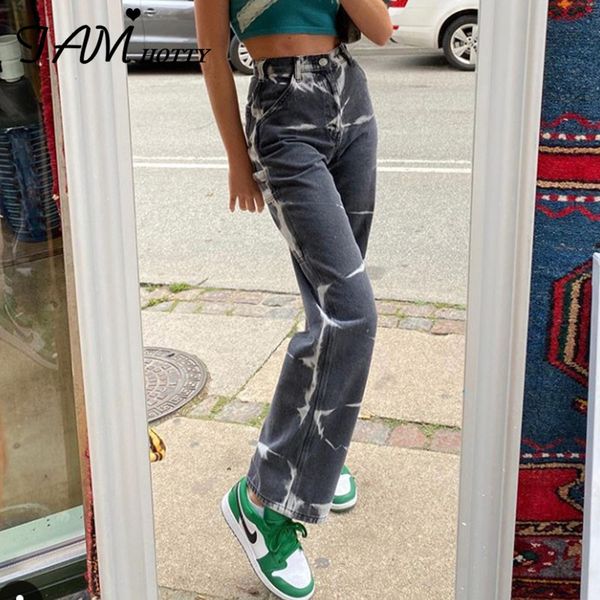 

grey brown aesthetic high waist womens straight jeans harajuku baggy tie dye print casual mom denim trouser streetwear iamy, Blue