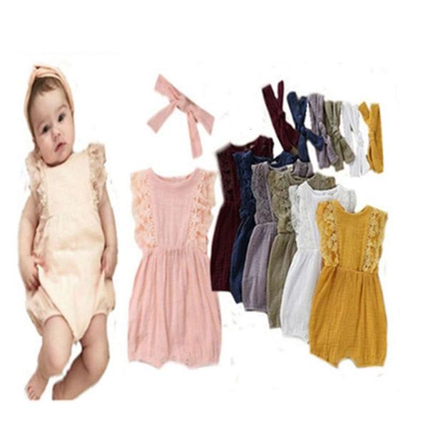 

baby candy color cotton hemp lace one-piece hatsuit + headband suit, White