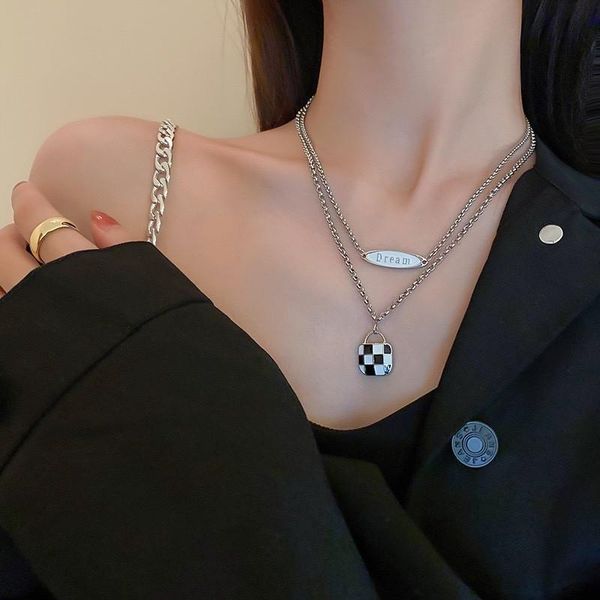 

pendant necklaces double layered black white checkerboard bag shape metal necklace for women chic party clavicle chain jewelry, Silver