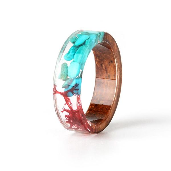 

cluster rings retro style wooden for women or men blue&red&brown handmade dried flowers epoxy wood resin ring fashion jewelry gifts-1 pc, Golden;silver