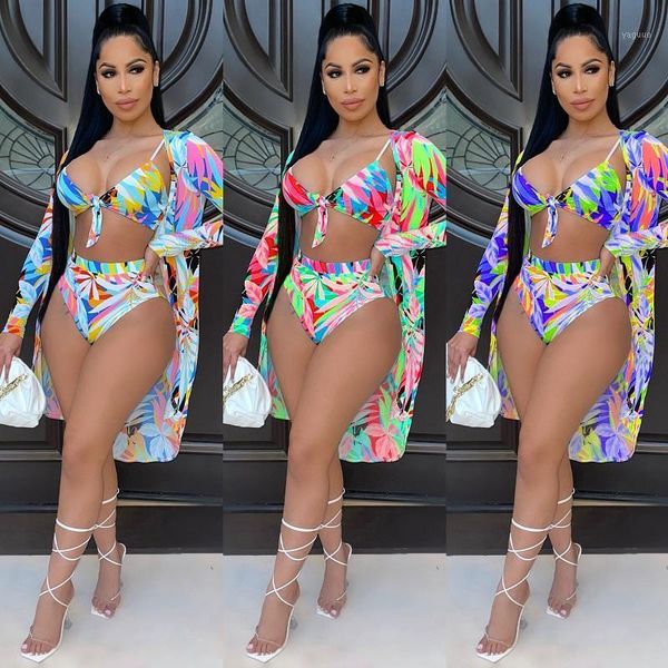 

colorful printed 3pcs/set beachwear women high waist bikini+long sleeve cover-ups swimwear cover up set women's, White;black