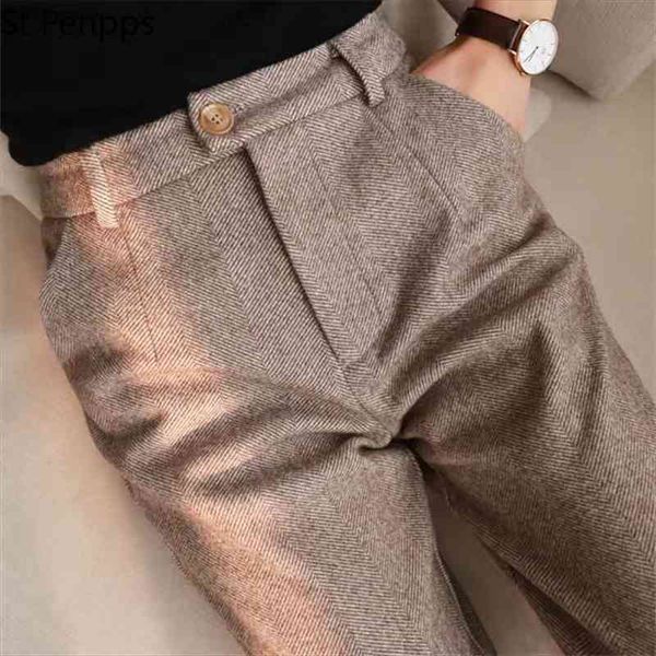 

herringbone woolen harem pencil women pant autumn winter high waisted casual suit office lady trousers, Black;white