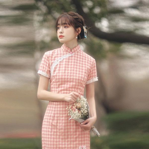 

ethnic clothing summer moden vintage mandarin collar pink plaid print cheongsam woman traditional chinese style classic cotton party qipao v, Red