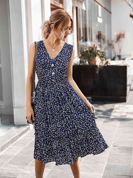 

summer boho floral print long dress women v neck sleeveless button fashion beach ruffles dresses women sundresses vestidos 210521, Black;gray