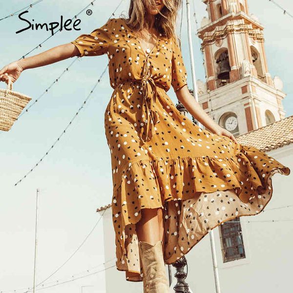 

polka dot women ruffled short v neck long boho summer puff sleeve button bow holiday party midi dress 210414, Black;gray