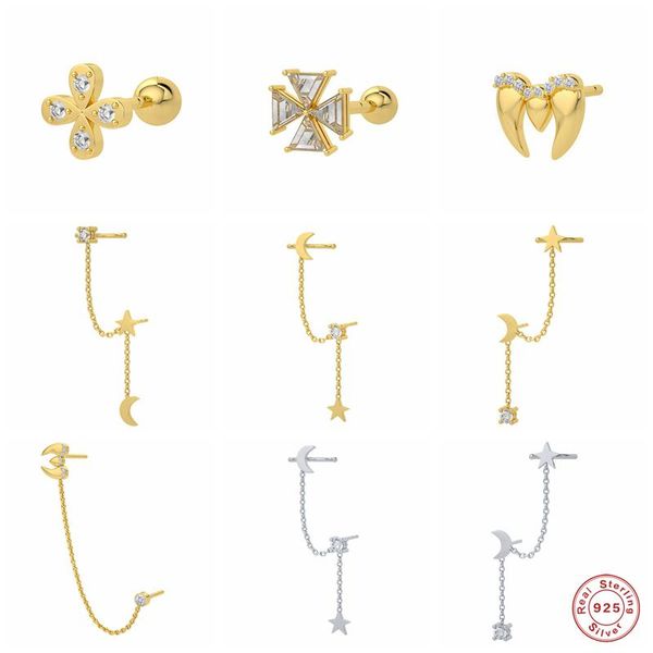 

stud aide 925 sterling silver zircon cz clover earrings for women 2021 trend teeth star moon chain tassel piercing ear studs, Golden;silver