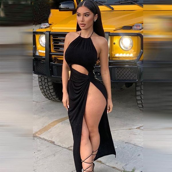 

casual dresses solid color folds off shoulder dress hanging neck summer vestidos de verano white long maxi for women high split jupe, Black;gray