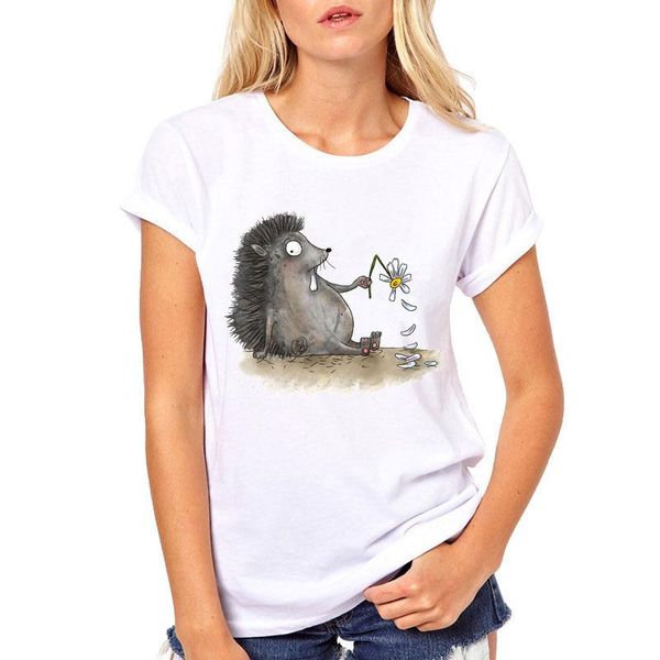 

women's t-shirt 2021 fashion cute hedgehog printed tshirt women kawaii novelty t shirt summer short sleeve o-neck slim white tee