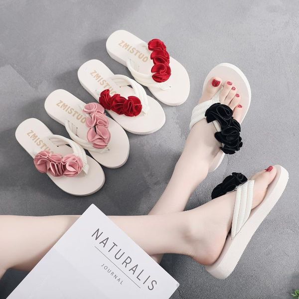 

slippers summer stretch cloth with slope heel, herringbone lady's sandal, muffin slipper, flannel flower, Black