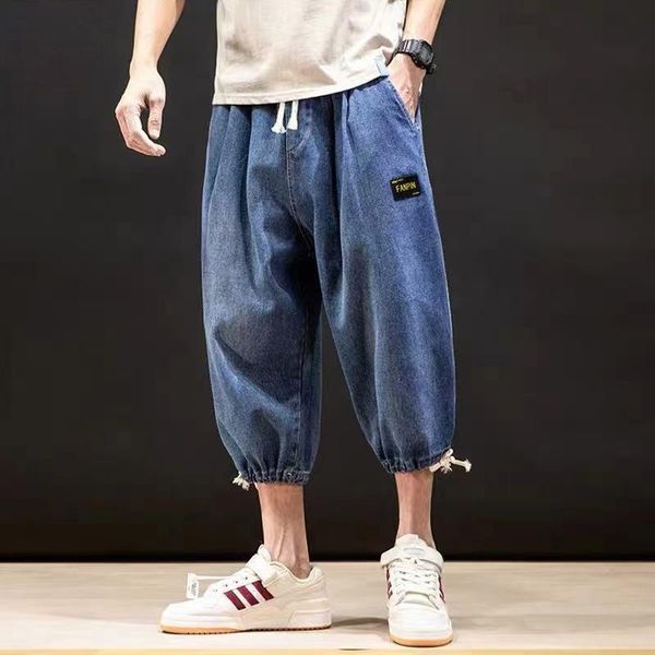 

men's jeans summer 2021 denim trendy brand cropped trousers plus fat large size japanese trend loose drawstring 3/4 pants, Blue