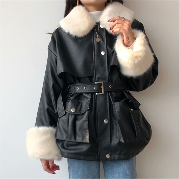 

thick winter warm faux leather jacket long fur collar patchwork coat sashes lim waist women pu jackets 210519, Black