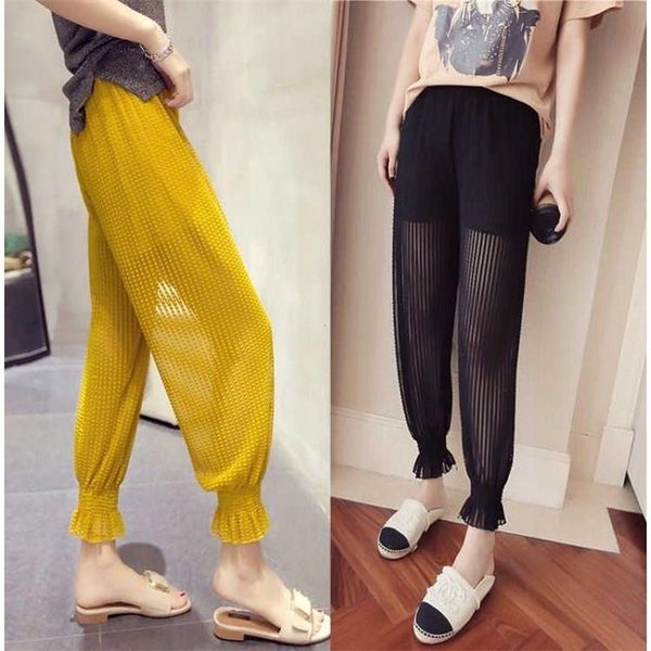 

women's pants & capris 2021 harem female summer thin section black beach lantern mosquito chiffon mesh nine, Black;white