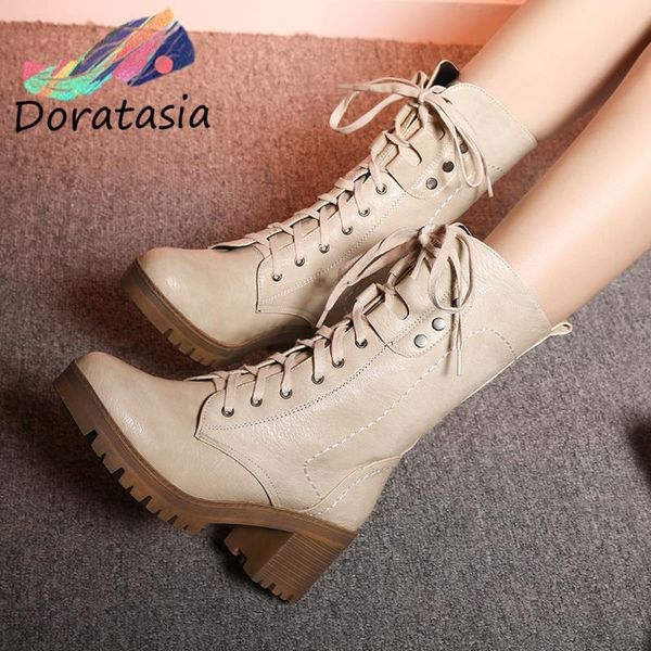 

boots doratasia arrival women solid cross tied platform ankle shoes thick bottom chunky heel fashion jmnm, Black