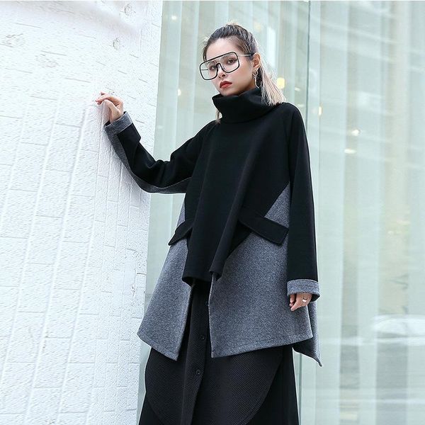 

women's hoodies & sweatshirts irregular long sleeve turtleneck cloak sweatshirt autumn and winter plus size loose stitching one top, Black