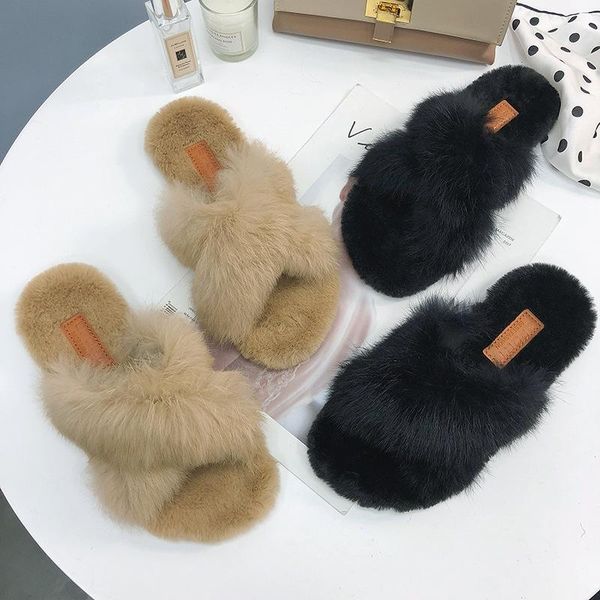 

open toe cross plush 2021 est flat non-slip slippers fashion outer wear foreign trade female, Black