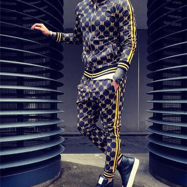 

gyms men's sets 2 pieces sets tracksuit men's jackets+pants suit sportwear gentlemen plaid mens sports suit men clothes 211103, Gray