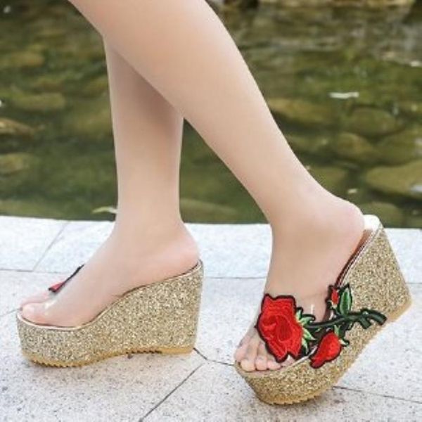 

sandals fashion rose flower transparent women 2021summer beautifully applique slipper platform wedges shoes, Black