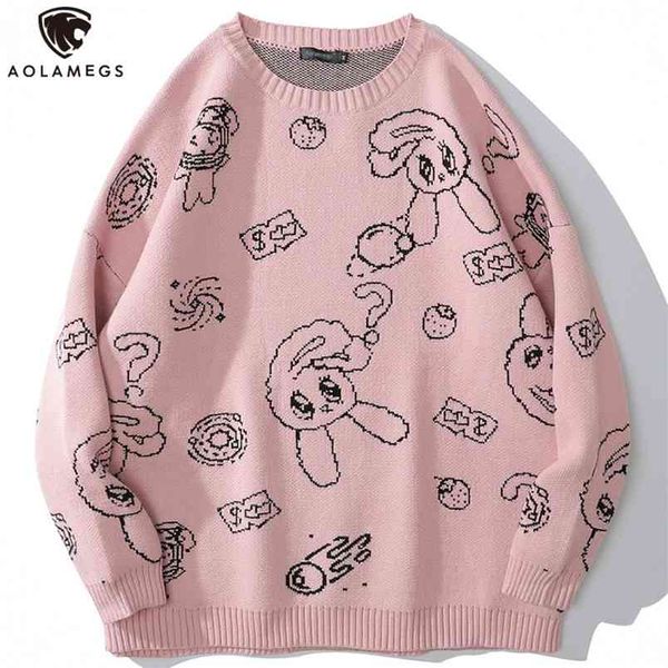 AOLAMEGS Homens Sweater Dos Desenhos Animados Cute Coelho Morango Malha Pullover Streeters Casal O-pescoço Casual Soft College Style Streetwear 210812