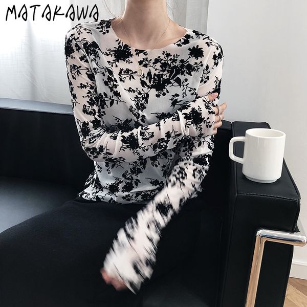 

matakawa lace mesh bottoming t shirt women's perspective inner long-sleeved t-shirt spring and summer woman tshirts 210513, Blue