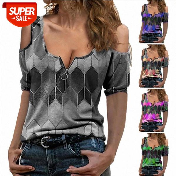

geometric print v-neck off-the-shoulder casual t-shirt zipper women #t592, White